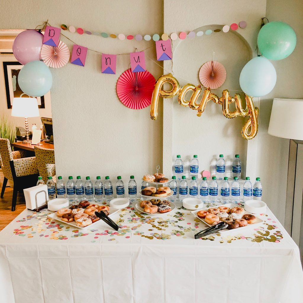 birthday party at home with a donut buffet table