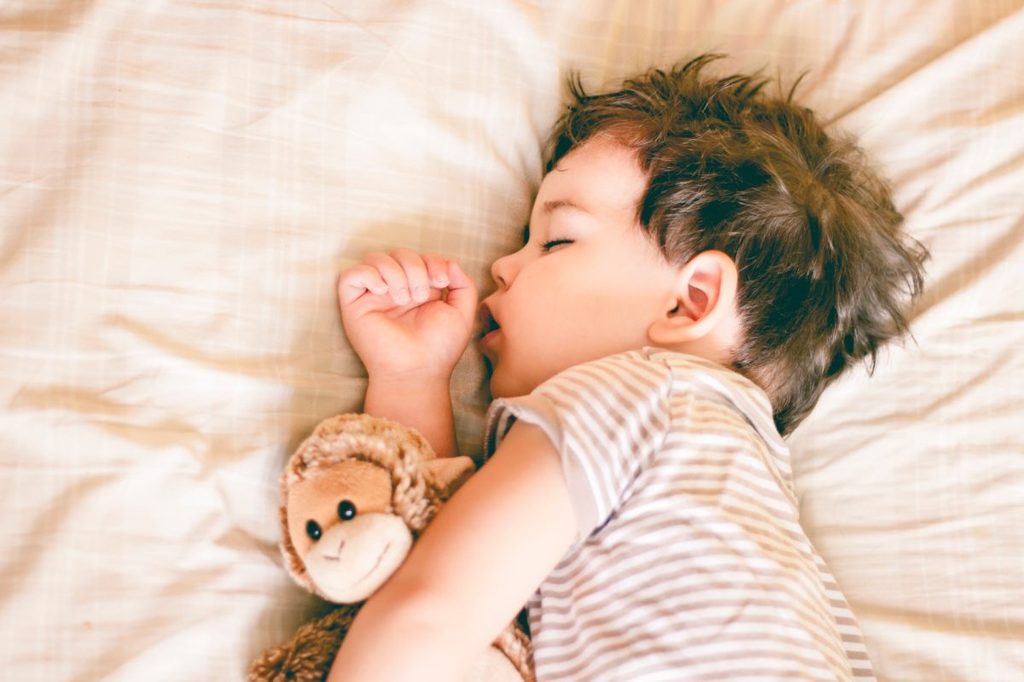Toddler sleeping in his crib with their stuffed animal.