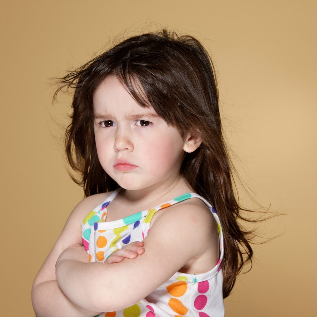 Little girl in dress frowning