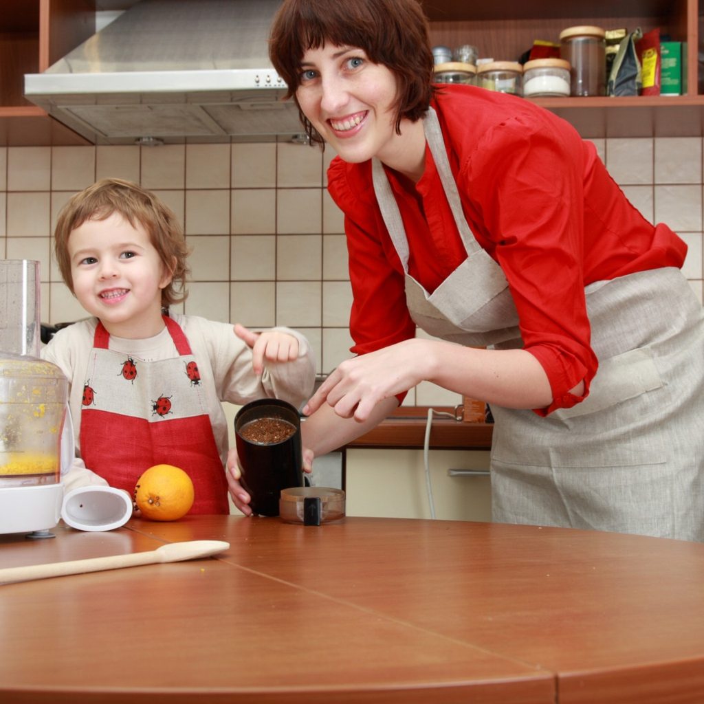 Mother and son with food processor