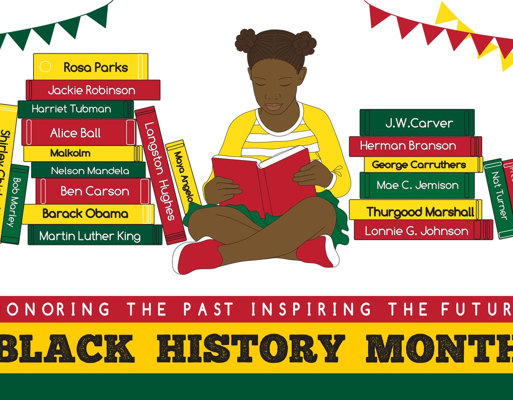 A girl surrounded by books about famous African Americans