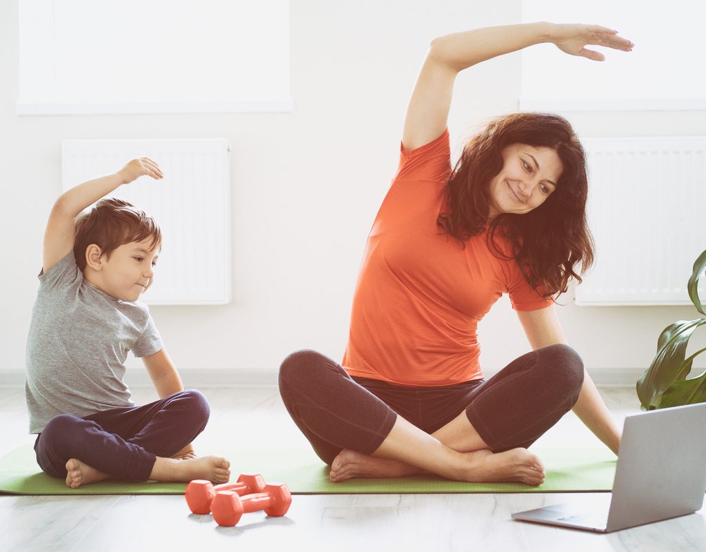 Mom and son doing an online workout