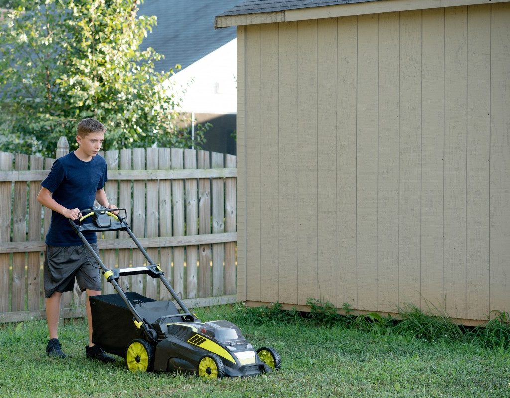 Teenage boy mowing the lawn