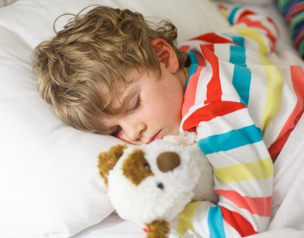 Toddler sleeping with a stuffed animal