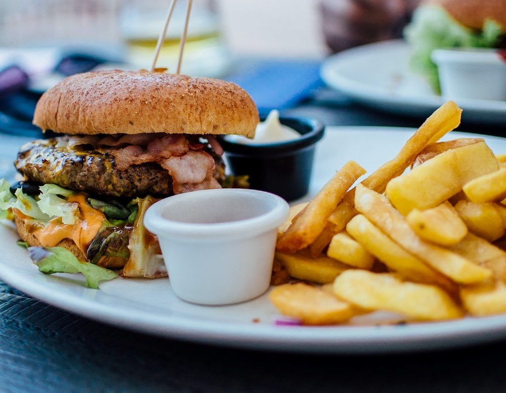 Fast-food lunch of a burger and fries