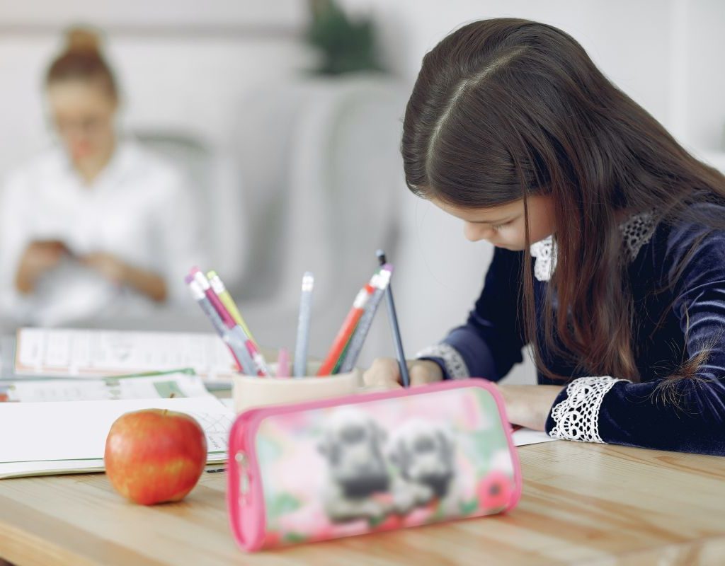 Girl In School With Pencil Case