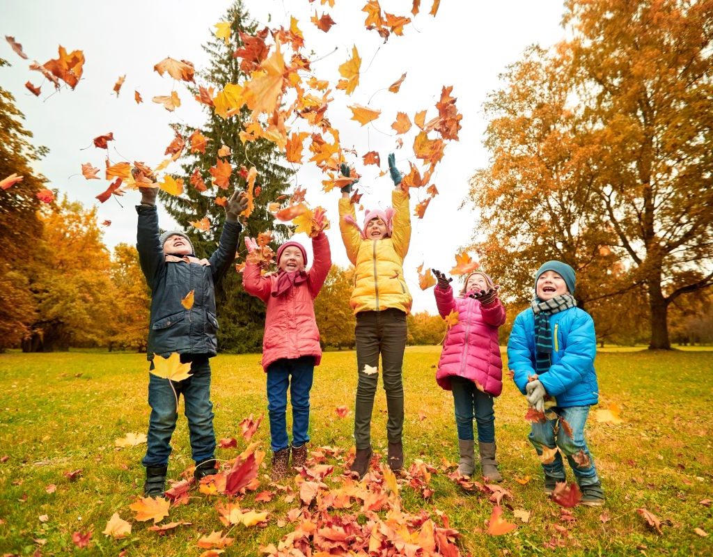 Kids playing outside In leaves.