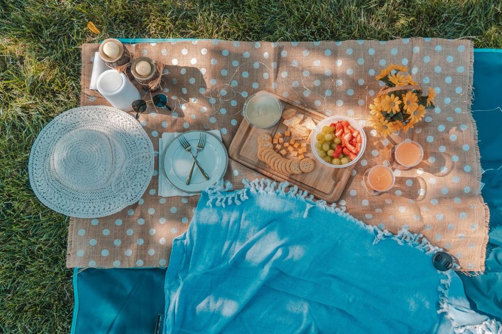picnic blanket with food set out