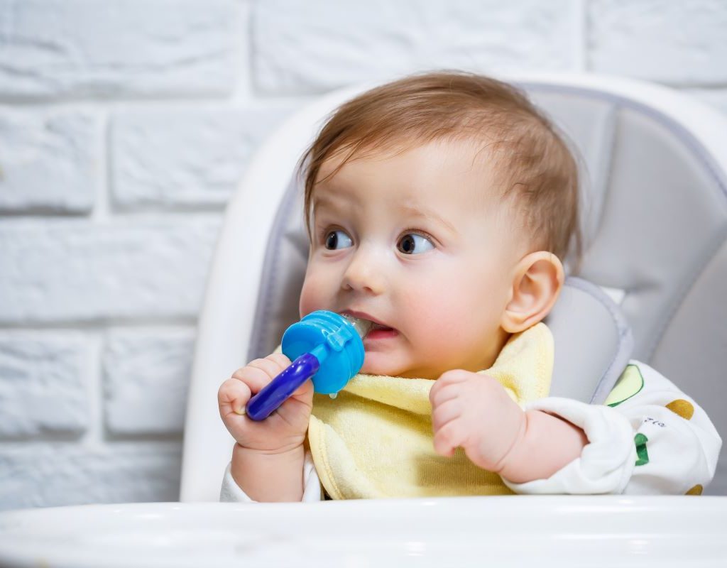Baby holding a fruit-holder and chewing
