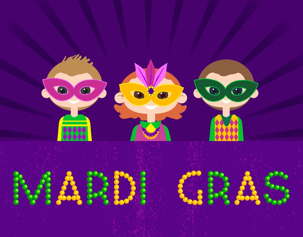 Cartoon image of kids wearing masks for Mardi Gras