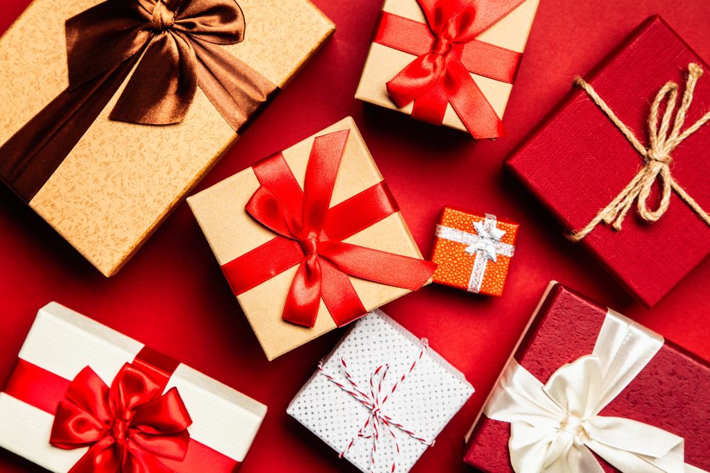 Colorfully wrapped Christmas gifts.