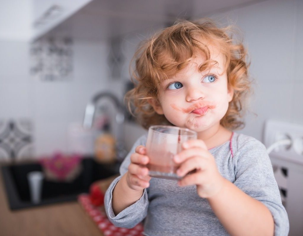 Toddler drinking chocolate protein drink