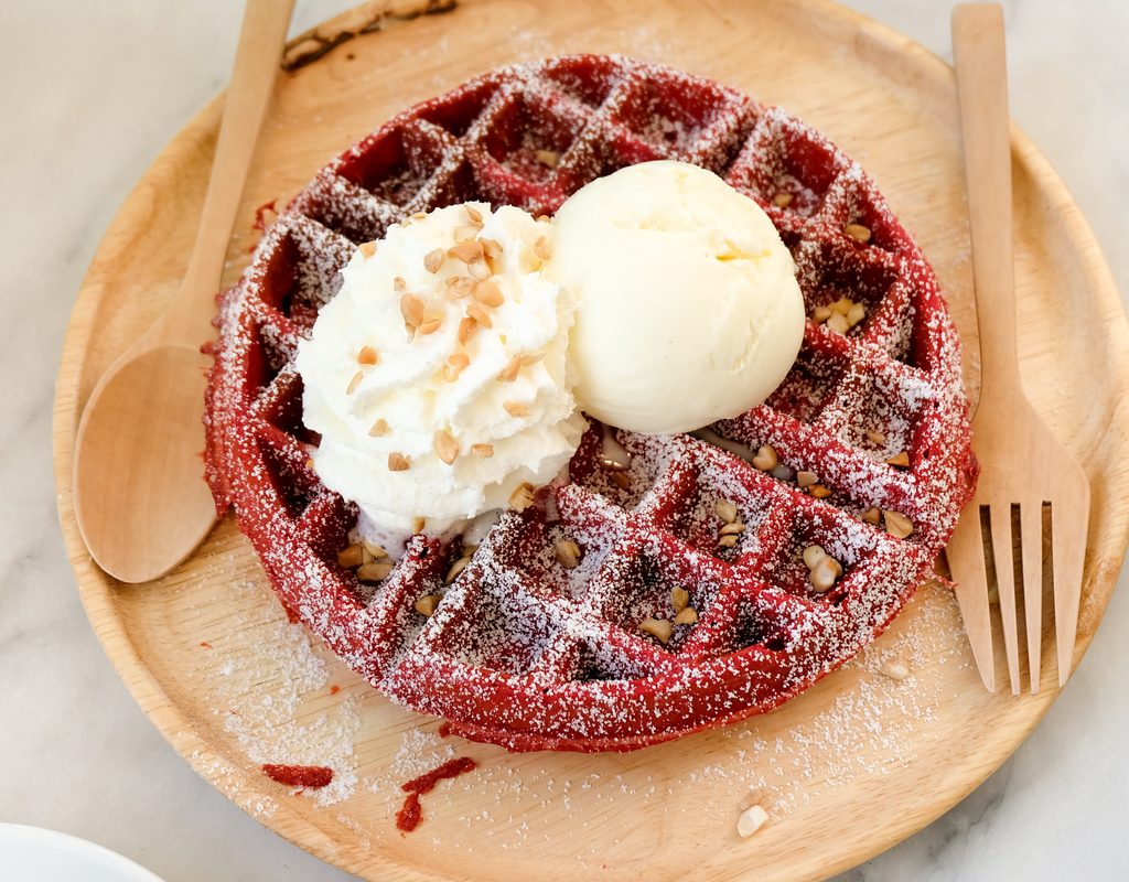 red velvet waffle served for a Valentine's Day breakfast