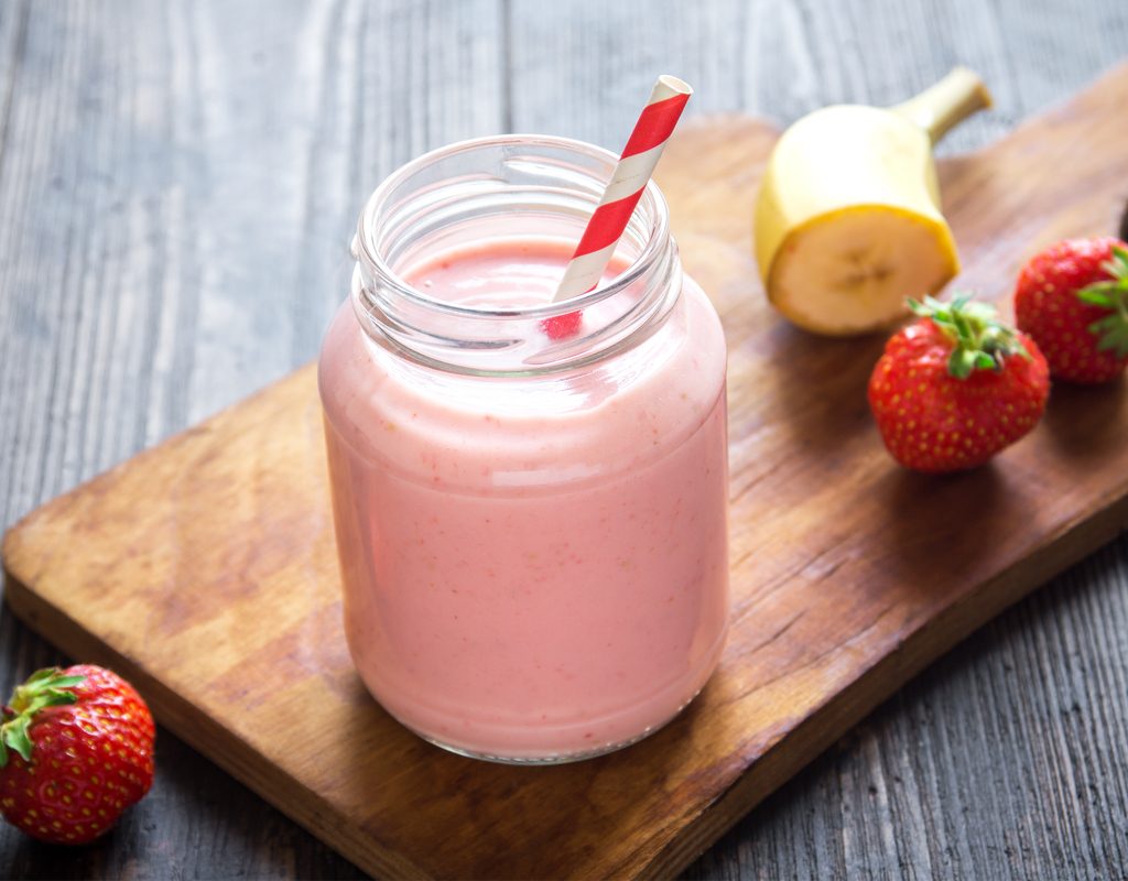 Strawberry banana smoothie served as a Valentine's Day treat for breakfast.