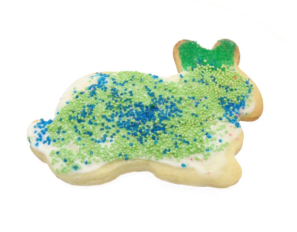 Bunny shaped sugar cookie decorated with colored sugar