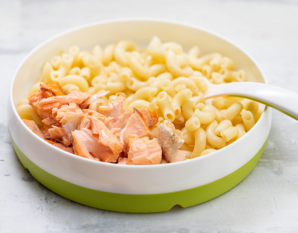 kid-friendly dish of salmon with a side of pasta
