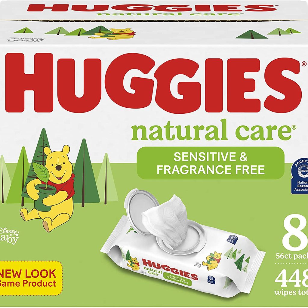 Large box of huggies wipes on a white background.