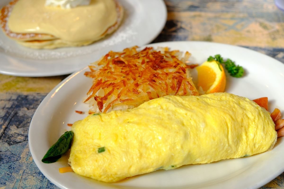 omelet and hash browns on a plate