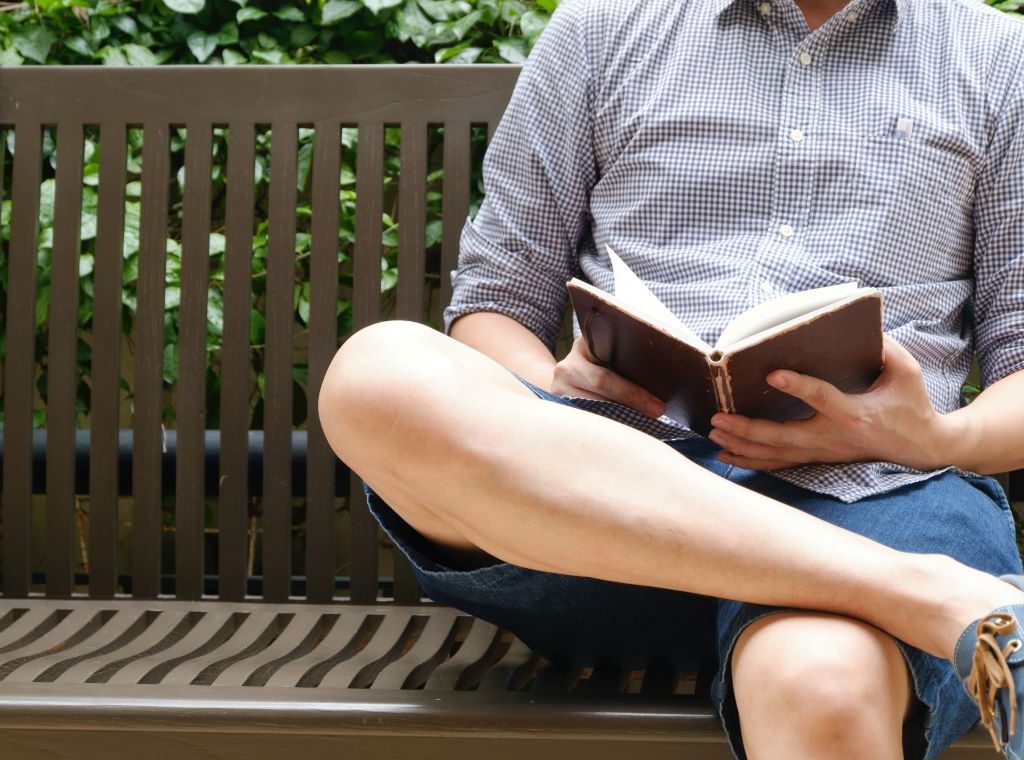 Dad reading a book on a bench on Father's Day