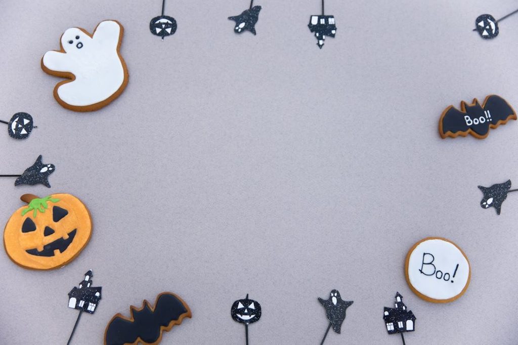 Halloween cookies laid out on a table