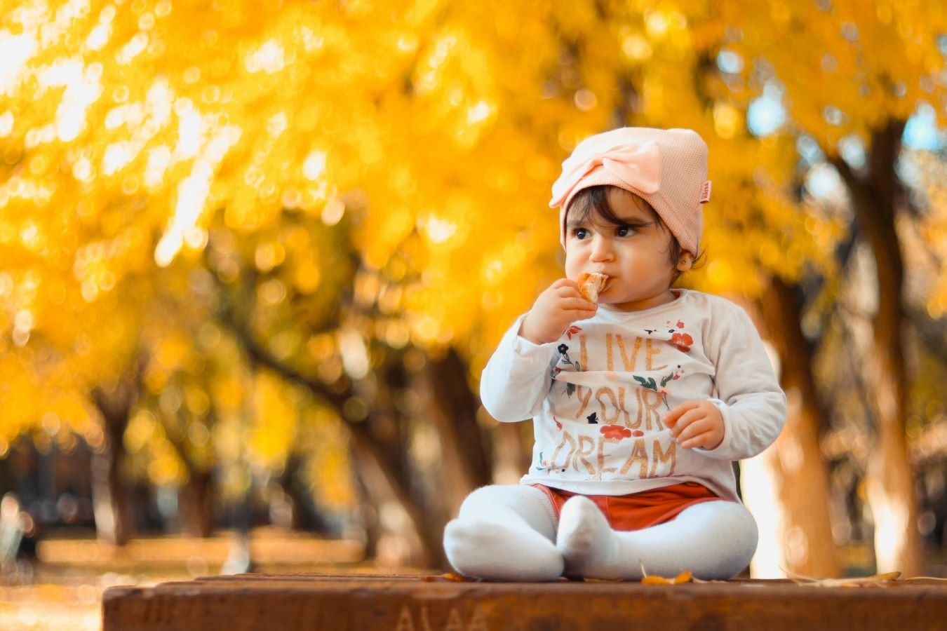 cute baby girl sitting outside on a fall day eating snack