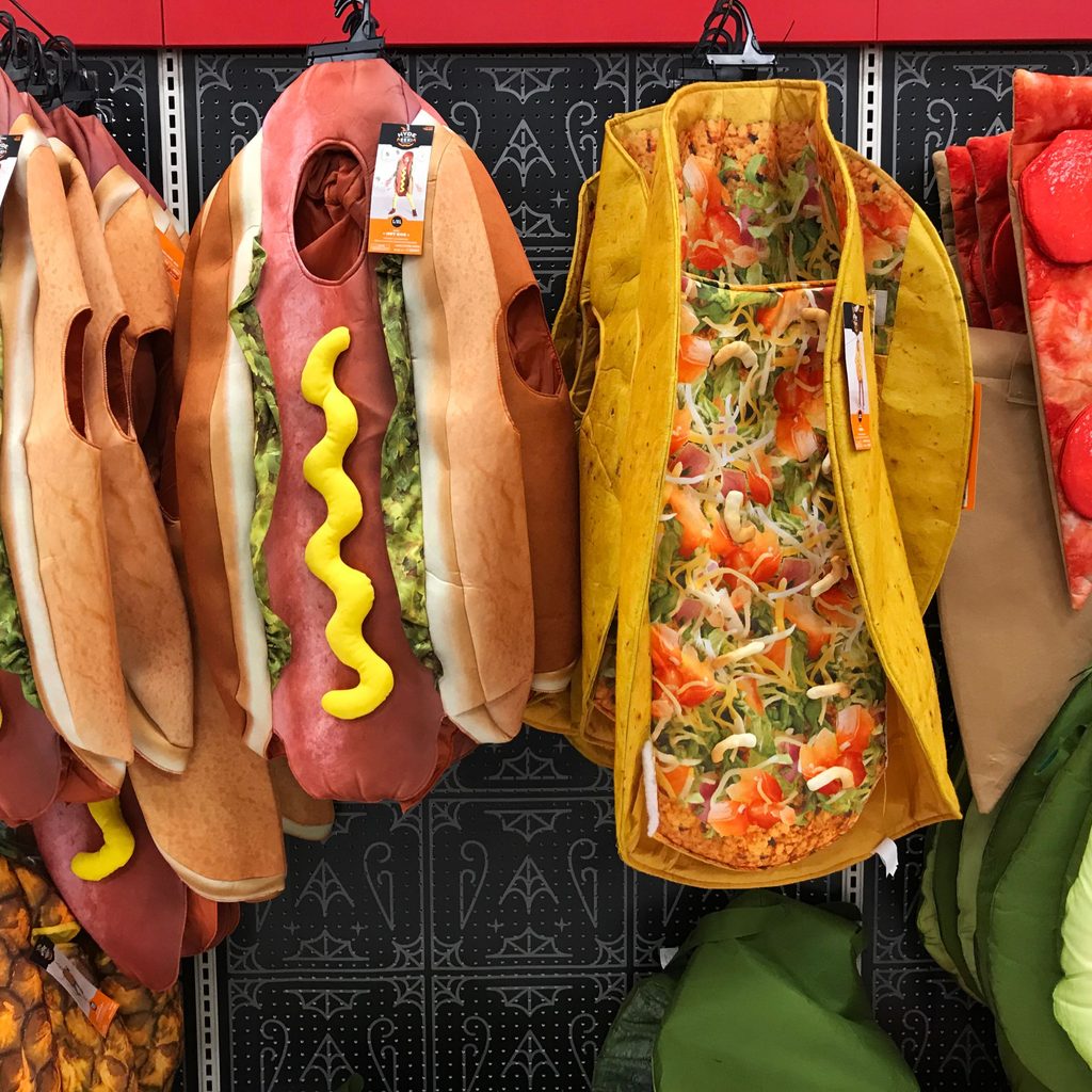 Hot dogs, taco, and pizza costumes