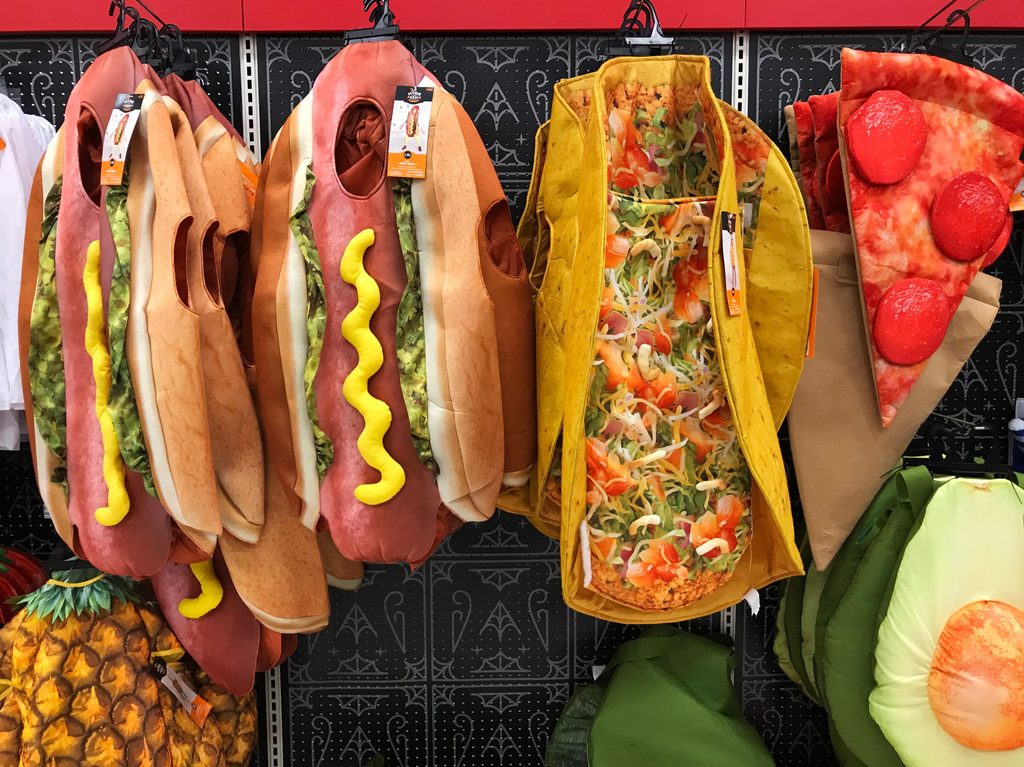 Hot dogs, taco, and pizza costumes