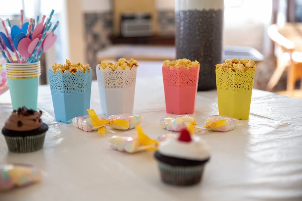 A popcorn station at a birthday party.