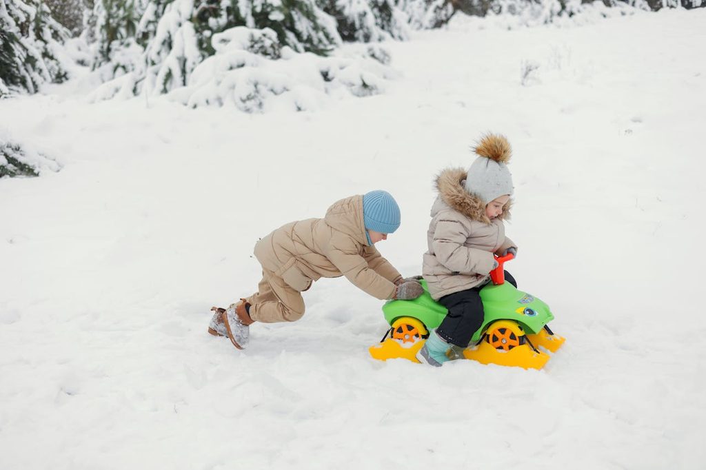 Kids pushing each other in the snow.