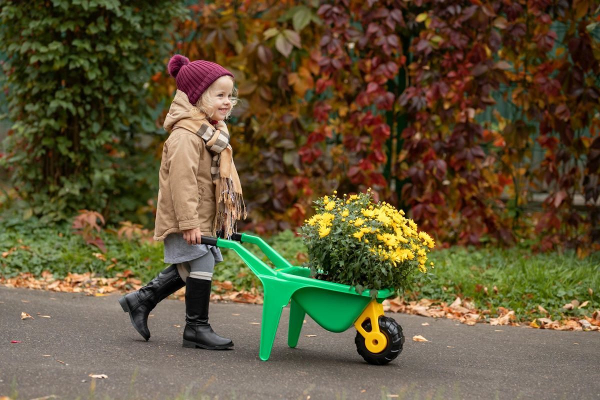 child pushing a toy wheelbarrow filled with flowers