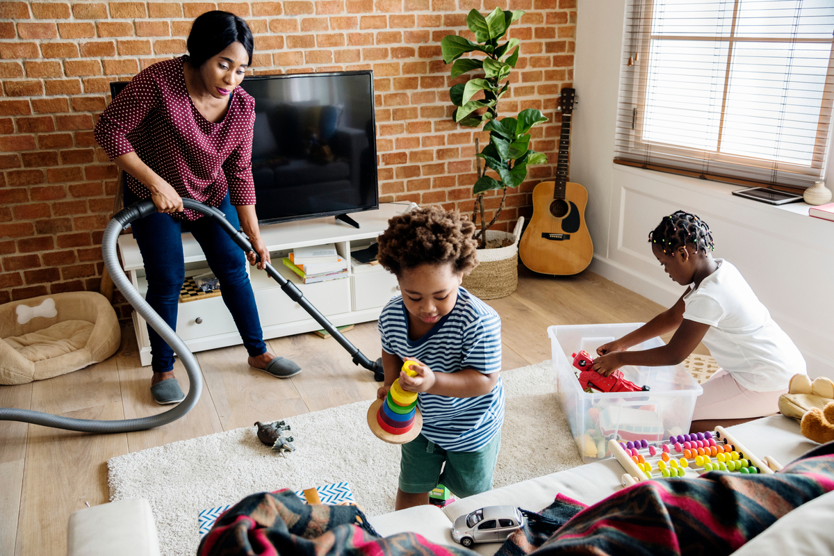 A family doing chores together