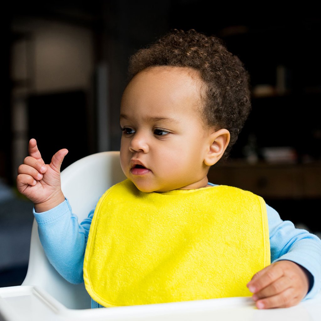A young child wearing a bib sitting in a high chair.
