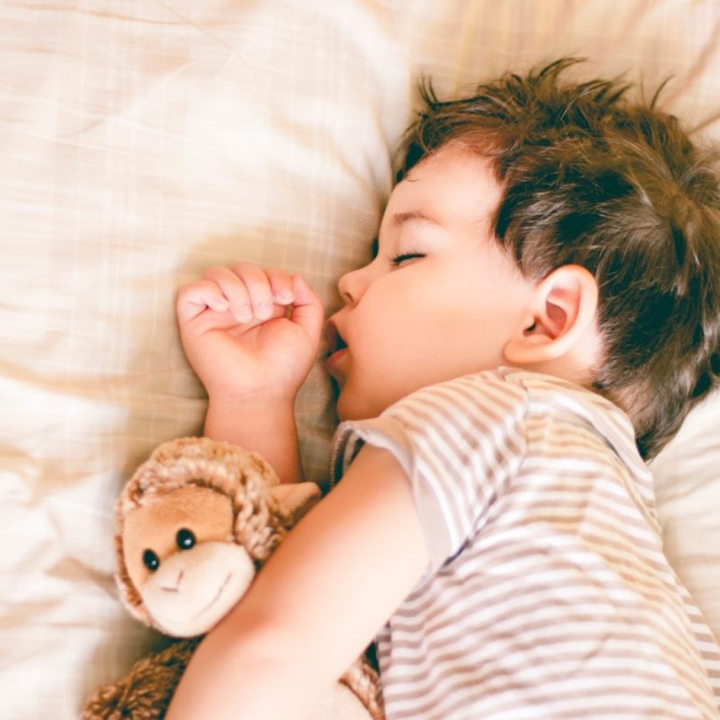 Boy toddler napping with his plush toy in crib