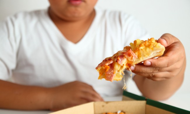 Child eating pizza out of pizza box