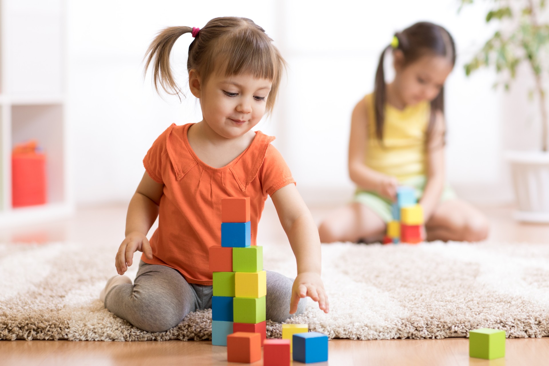 Two toddler grls playing with blocks