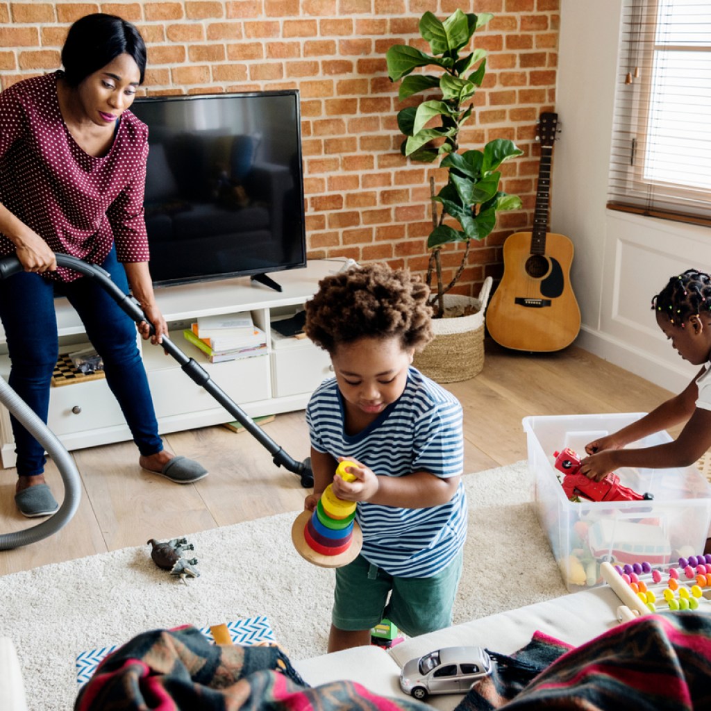 A family doing chores together at home