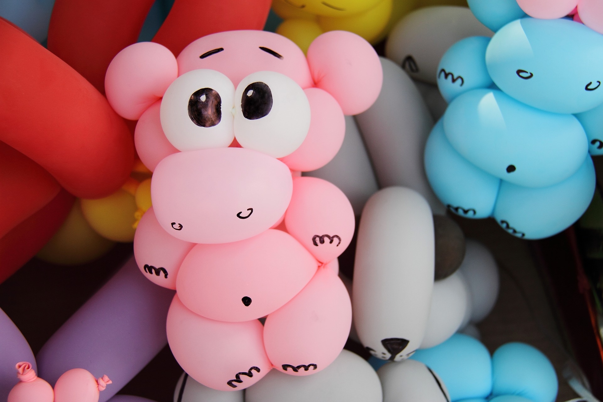 Balloon animals with drawn faces and googly eyes