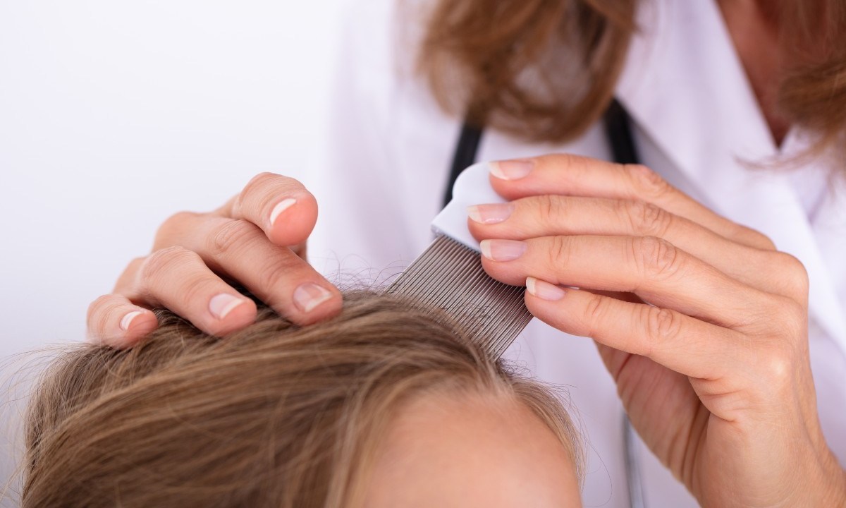 Parent combing child's hair for lice