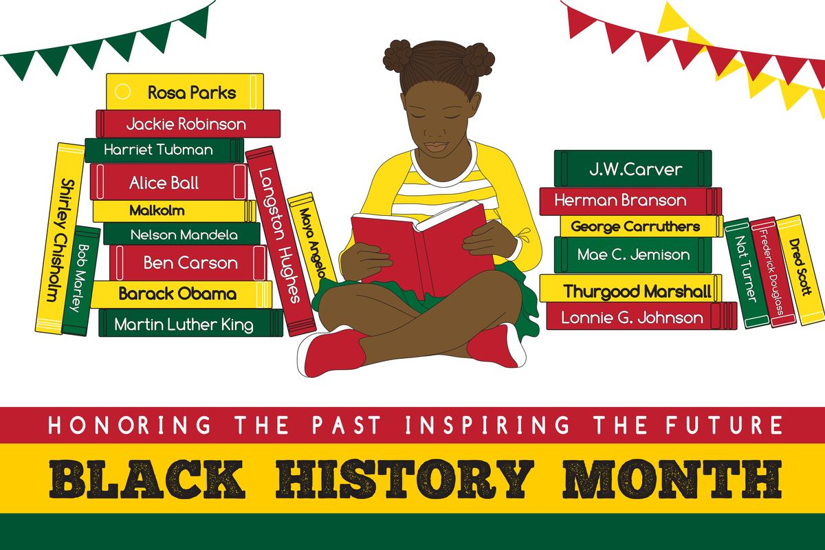 A girl surrounded by books about famous African Americans