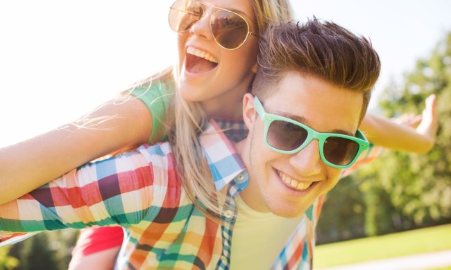Two teenagers on a date outside
