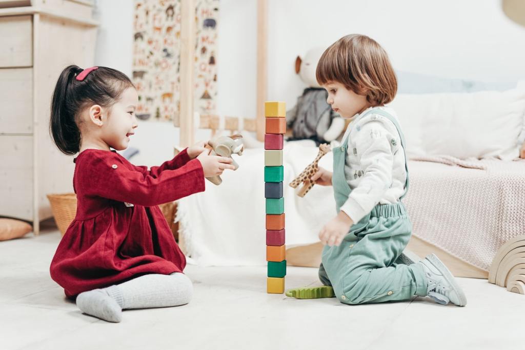 Two toddlers playing with blocks.