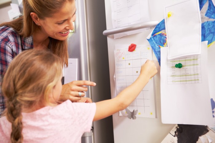 Mother and daughter looking at a behavior chart