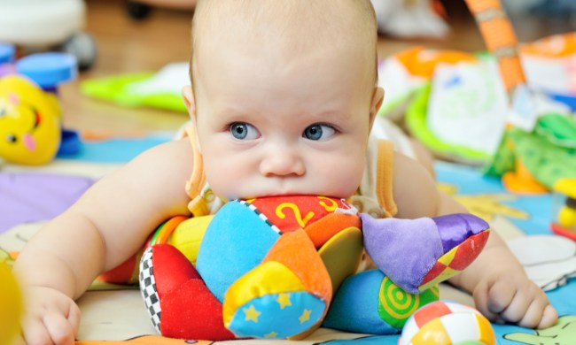 Baby having fun playing with developmental toys
