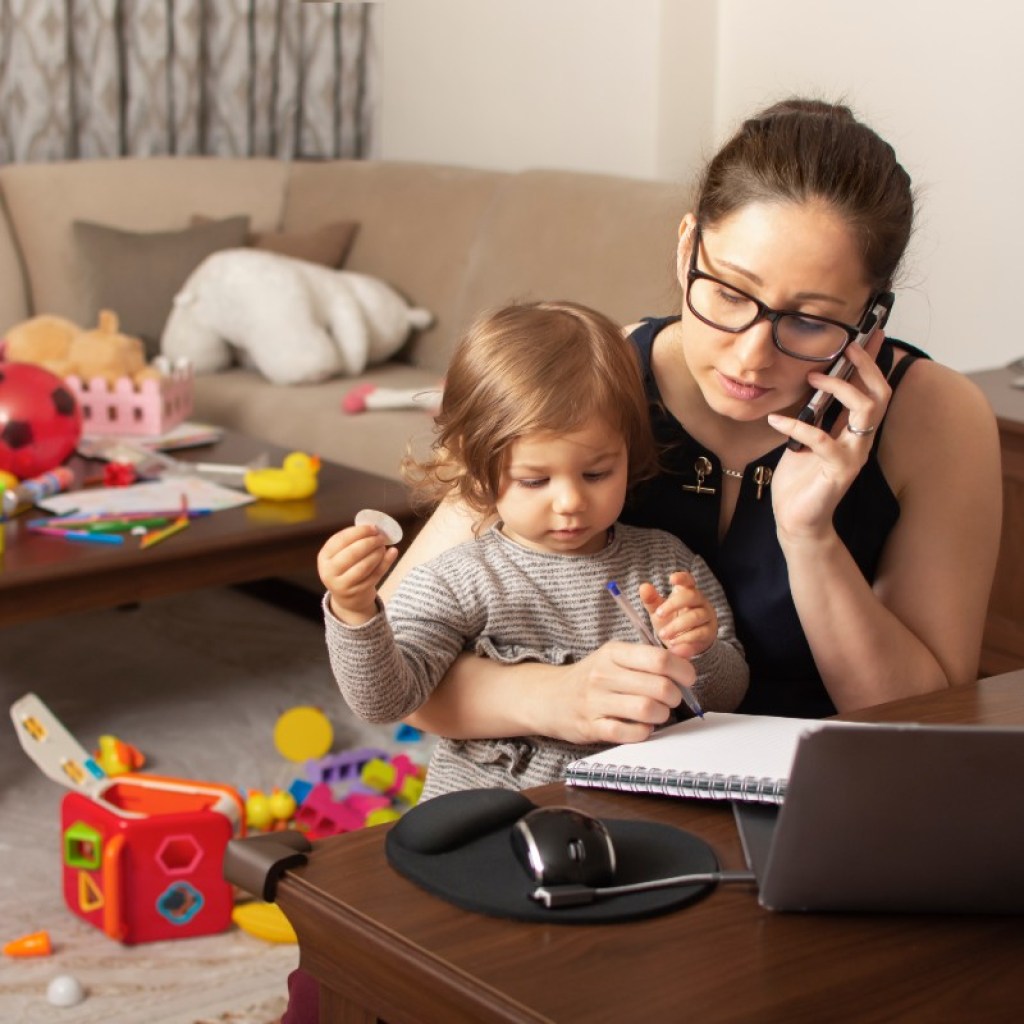 mom working from home with a toddler
