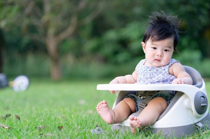Baby in a portable booster chair