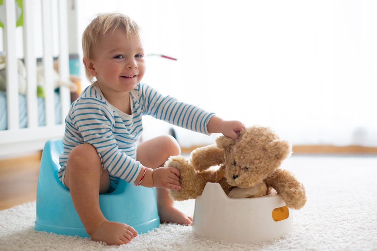 Toddler with stuffed bear on potty training seat.