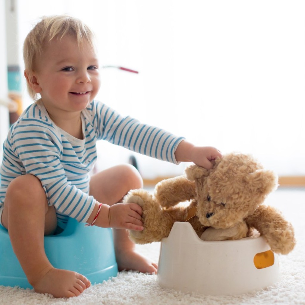 Toddler with stuffed bear on potty training seat.