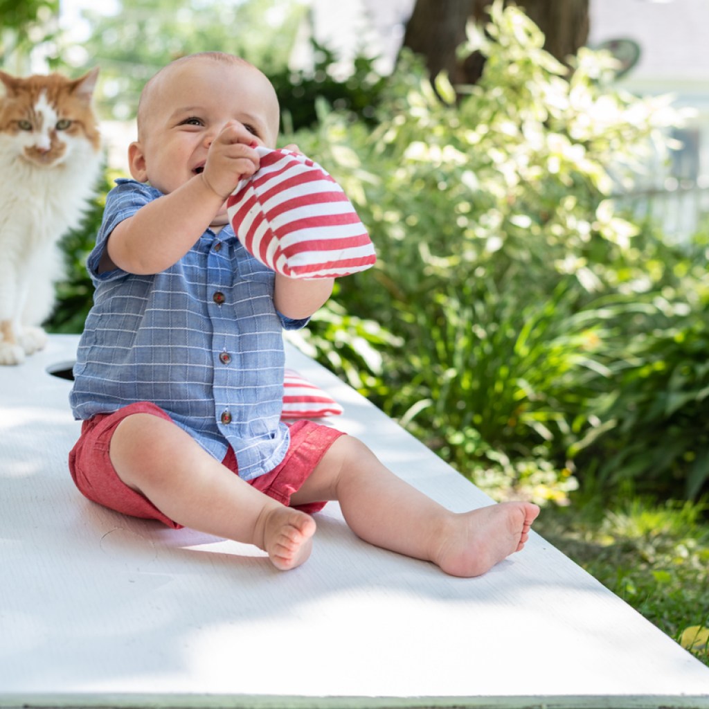 Baby and a cat sitting on a cornhole game