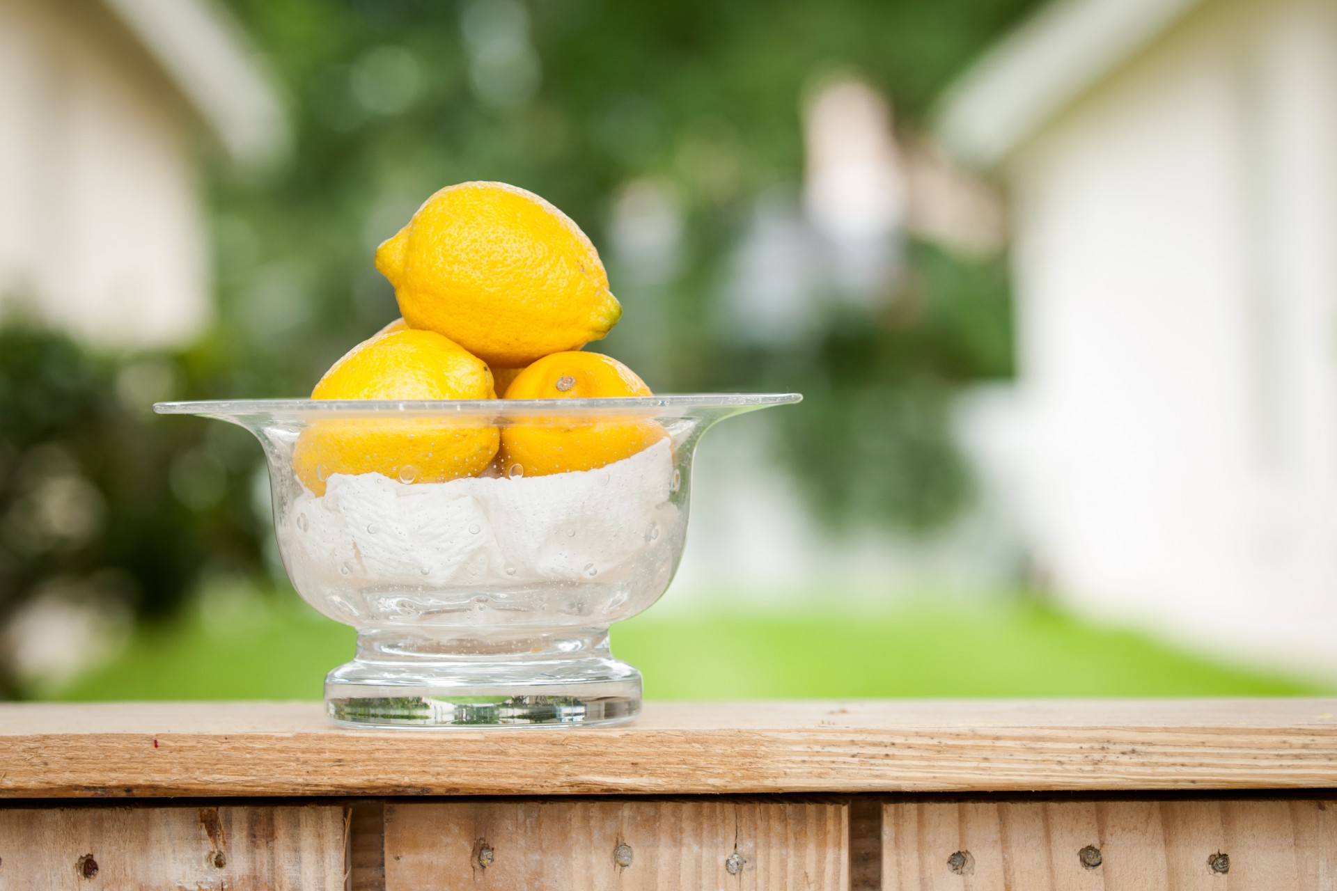 Lemons in a dish outside