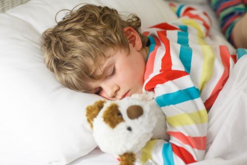 Toddler sleeping with a stuffed animal.